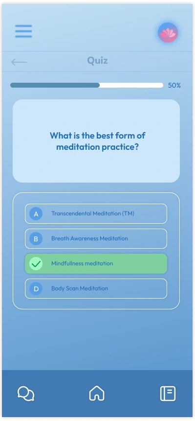 Mini quiz screen with multiple-choice answers and the correct choice highlighted