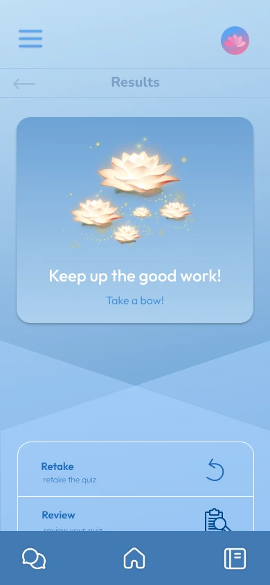 After: quiz results page with an encouraging 'Keep up the good work!' message and no score