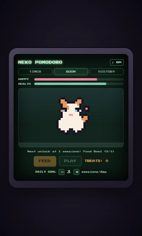 Room tab showing happiness and health bars, the cat, and Feed/Play buttons