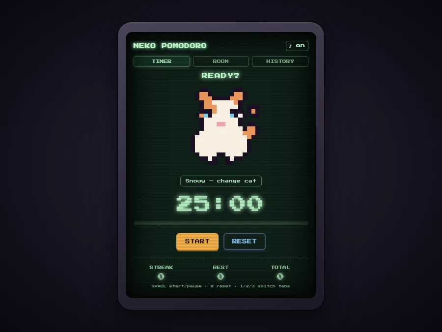Cat Pomodoro app screen showing a phosphor-green CRT interface with a pixel-art cat and a 25:00 countdown timer