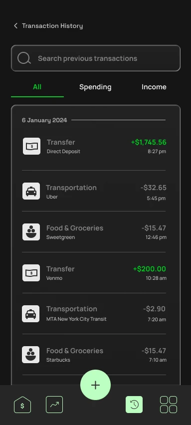 Transaction history screen — final hi-fi mockup