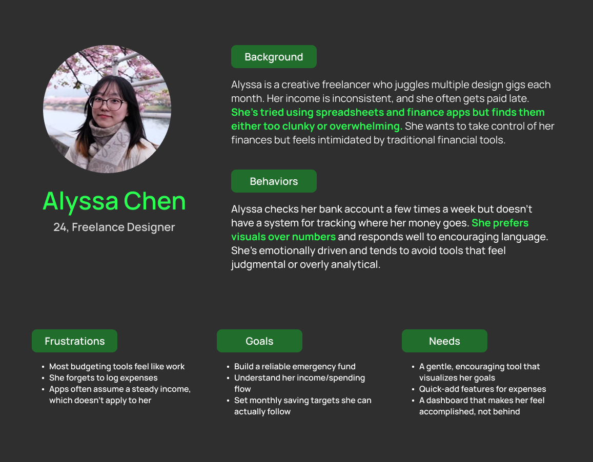 User persona: Alyssa Chen, 24, Freelance Designer