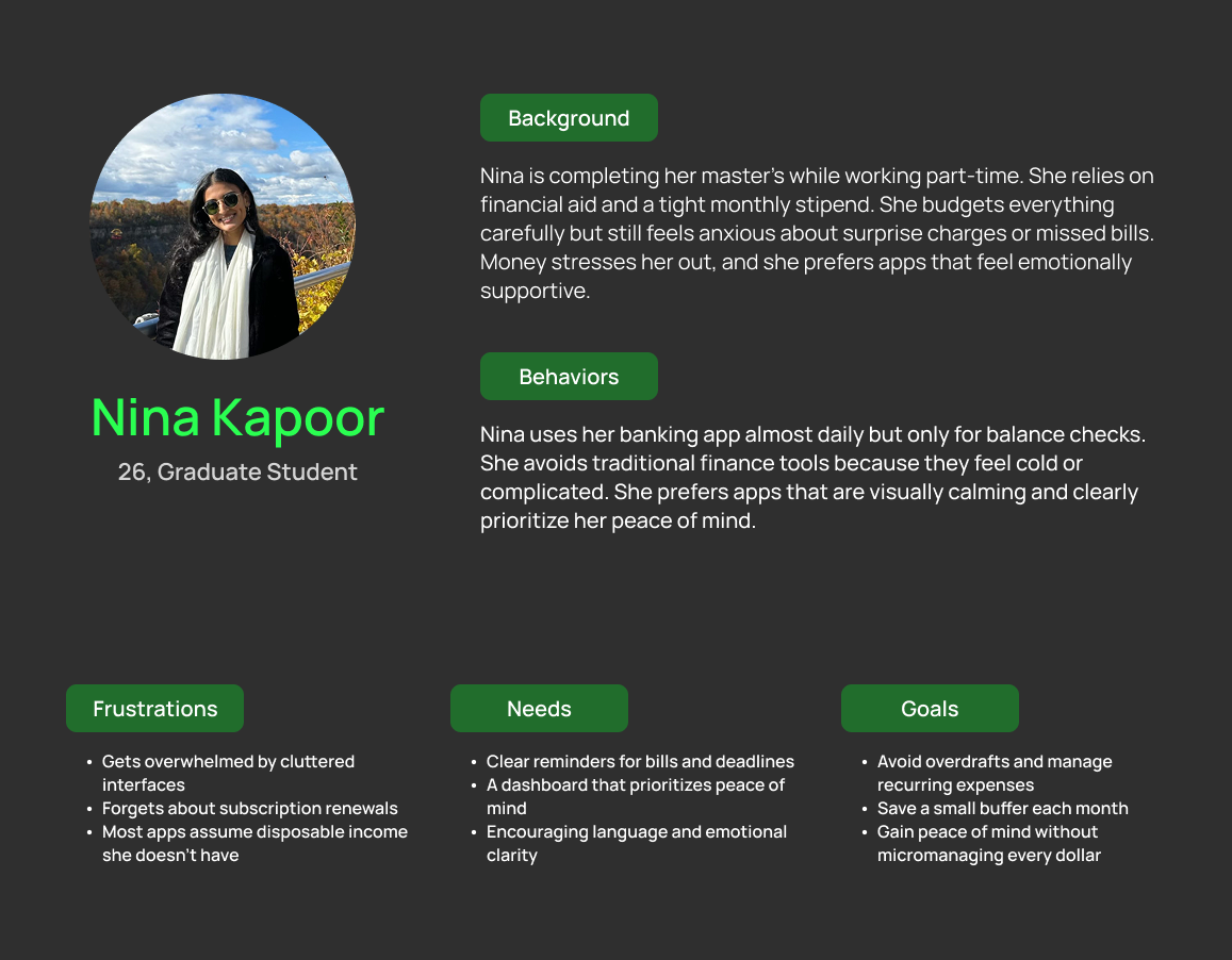 User persona: Nina Kapoor, 26, Graduate Student