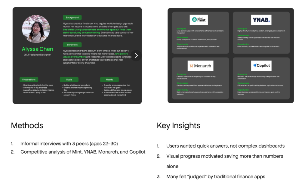 Finwise research — user persona Alyssa Chen and competitive analysis of Mint, YNAB, Monarch, and Copilot