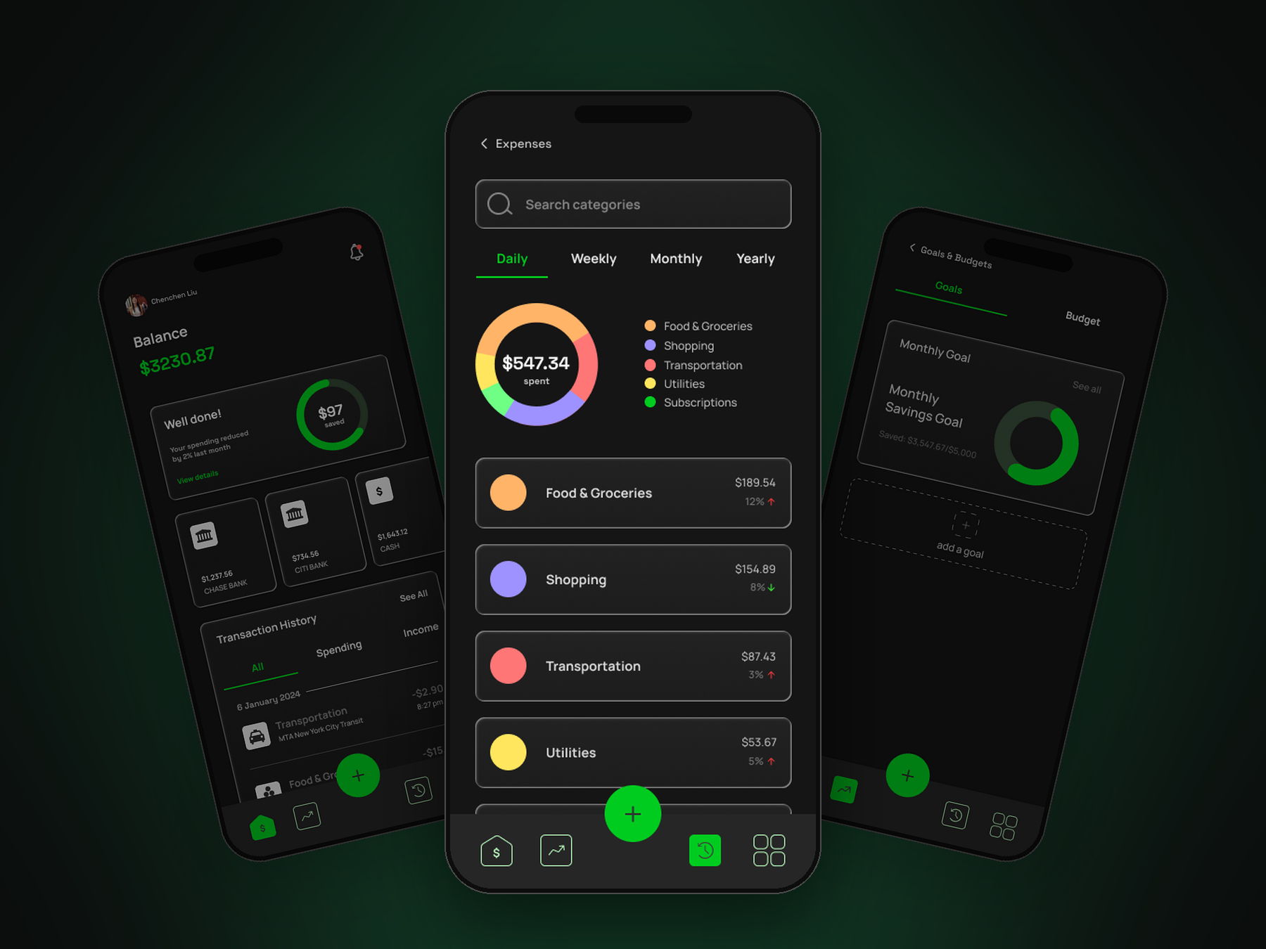 Finwise app screens showing monthly budget tracking and transaction history
