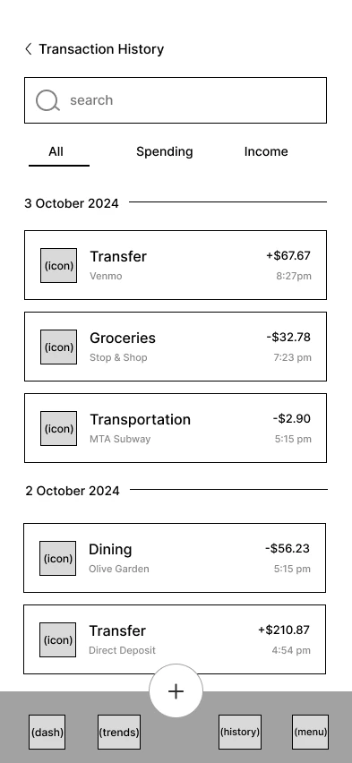 Transaction history screen — grayscale wireframe