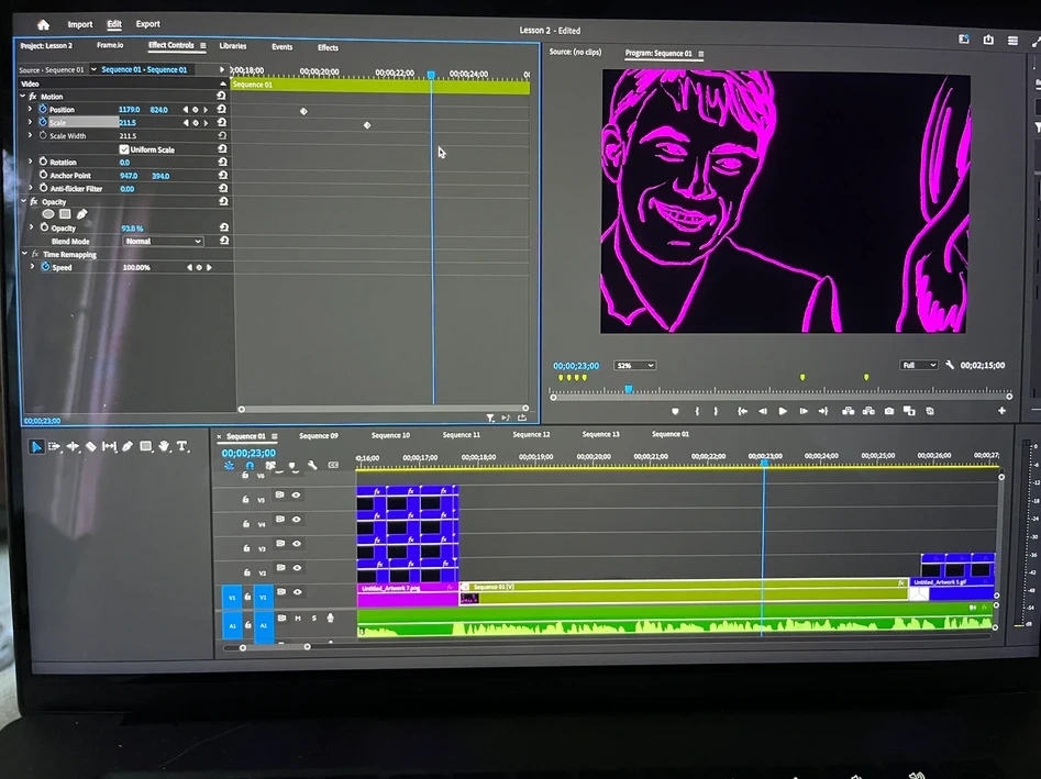 Editing rotoscoped frames and audio in Adobe Premiere Pro