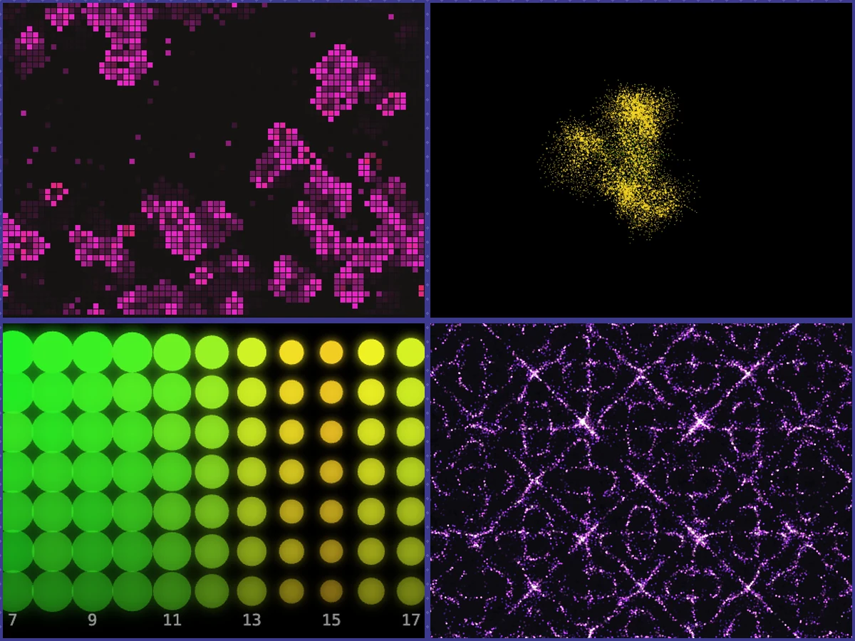 A 2x2 composite of live screenshots from four generative art sketches: magenta cellular automata, branching yellow slime mold veins, a green-to-yellow sound-grid spectrum heatmap, and a purple radial Chladni resonance pattern